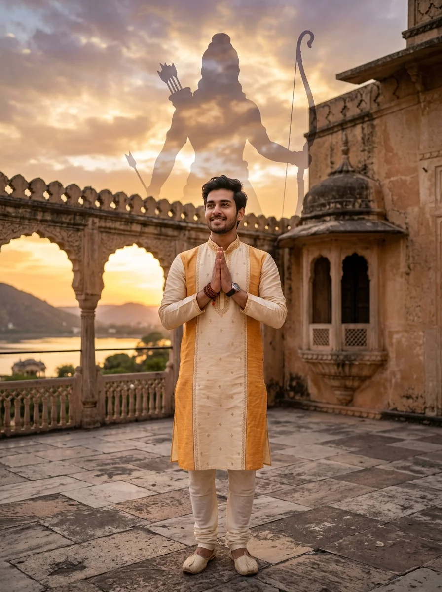 Jai Shree Ram AI photo prompt Indian youth in raw silk kurta doing namaste with double exposure silhouette of Lord Rama