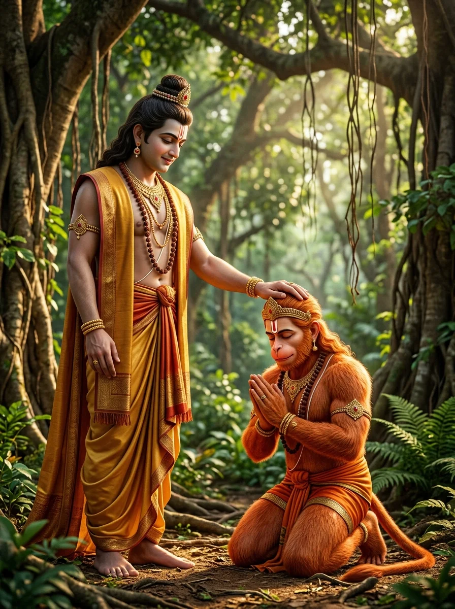 Jai Shree Ram AI photo prompt Lord Ram blessing Lord Hanuman in peaceful forest clearing with warm dappled sunlight