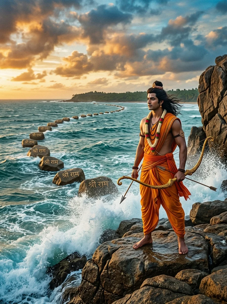 Jai Shree Ram AI photo prompt Ram Setu bridge construction at Rameshwaram ocean coast with floating inscribed stones