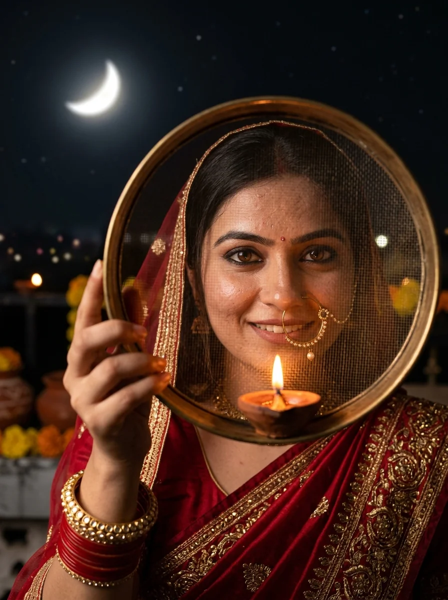 Karwa Chauth poses for single classic chhalni sieve eye peeking with diya flame and full moon in background