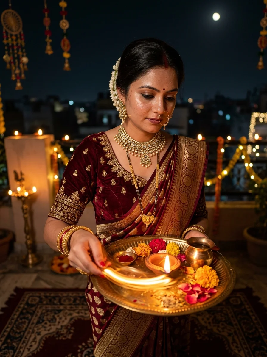 Karwa Chauth poses for single lady performing aarti circle motion with flame light trails and Kundan jewelry
