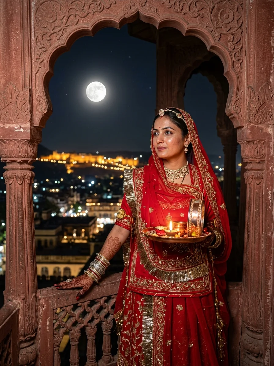 Karwa Chauth poses for single lady standing by carved sandstone jharokha archway in royal poshak holding thali