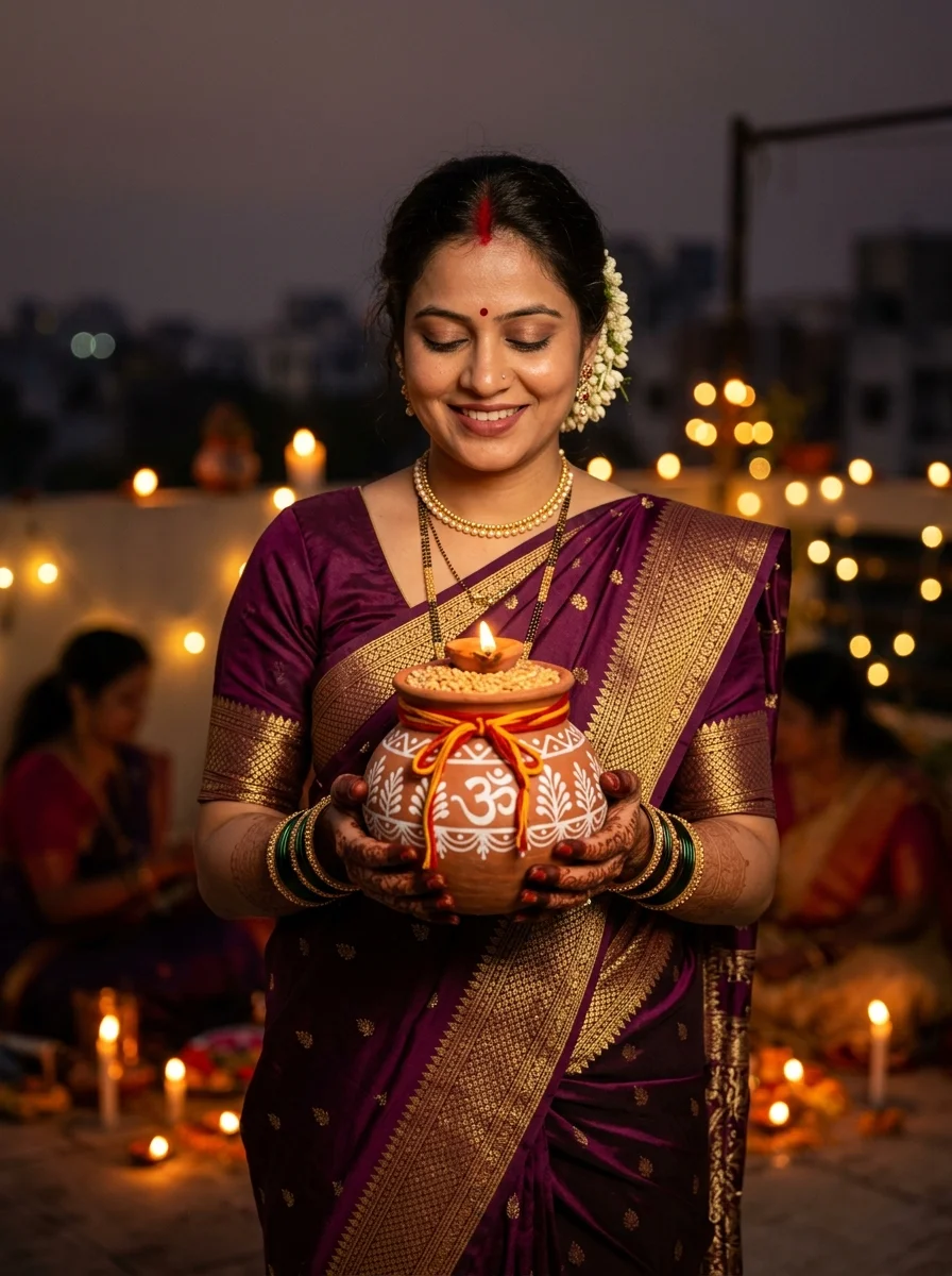 Karwa Chauth poses for single holding painted terracotta clay Karwa pot with sacred red moli thread