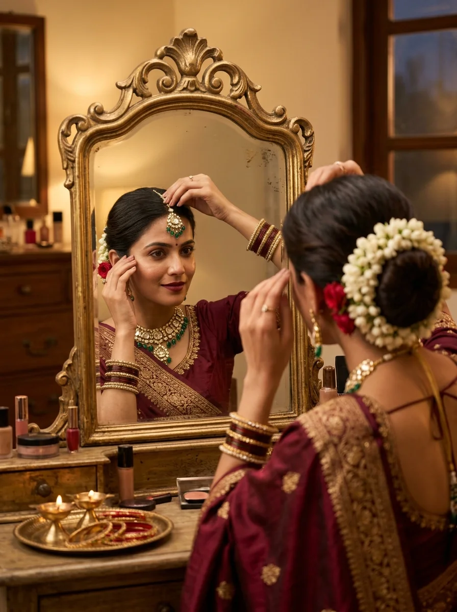 Karwa Chauth poses for single lady adjusting polki maang tikka in ornate vanity mirror with jasmine gajra