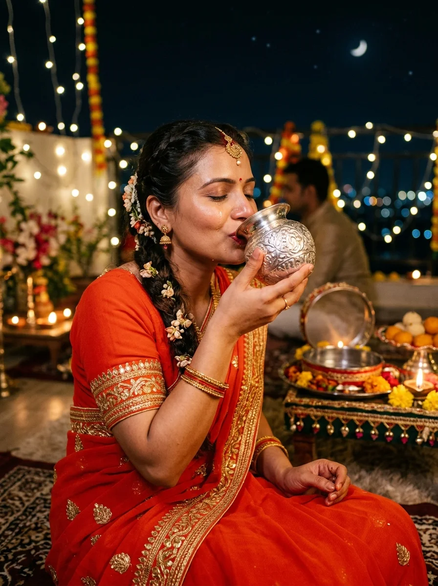 Karwa Chauth poses for single lady drinking first sip of water from silver lota breaking fast on illuminated balcony