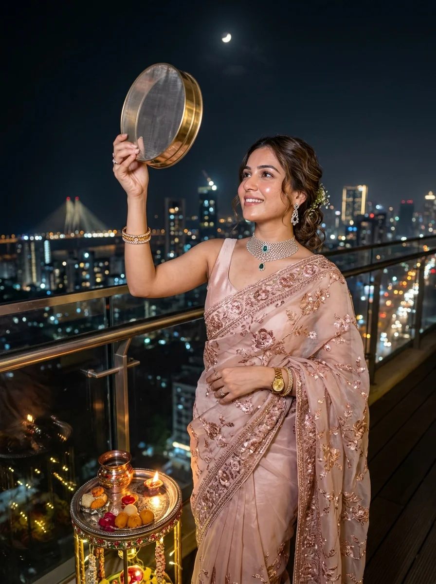 Karwa Chauth poses for single modern pastel blush pink organza saree on luxury penthouse balcony with skyline bokeh