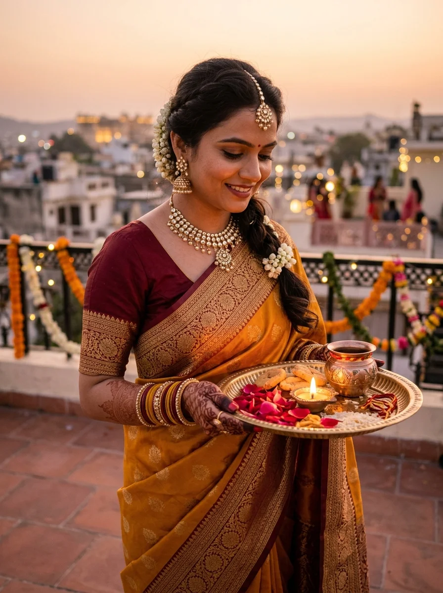Karwa Chauth poses for single holding embossed brass puja thali with burning ghee diya and roses at golden hour sunset