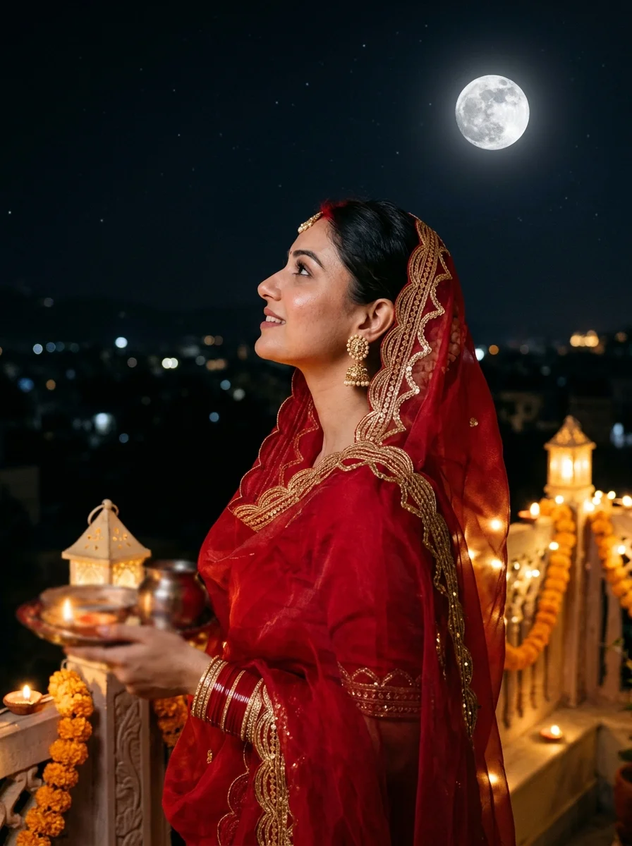 Karwa Chauth poses for single woman looking up at the glowing full moon side profile with red organza veil