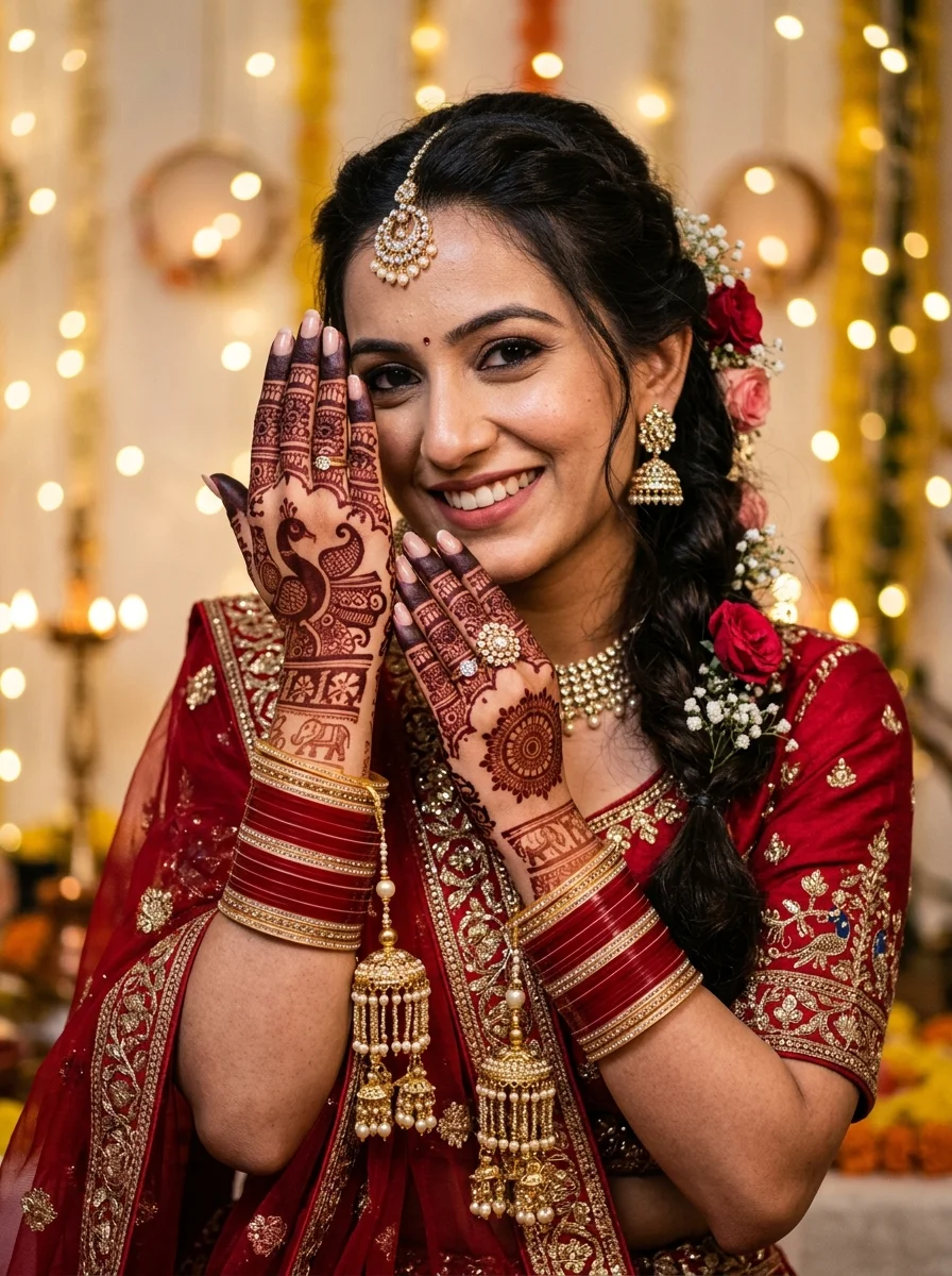 Karwa Chauth poses for single flaunting dark bridal mehendi on hands with red chooda bangles and golden fairy lights