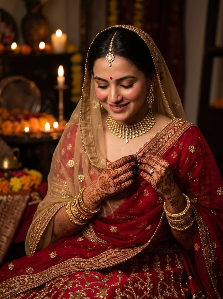 Karwa Chauth poses for single modest lajja pose looking down holding crimson veil with gold zari border
