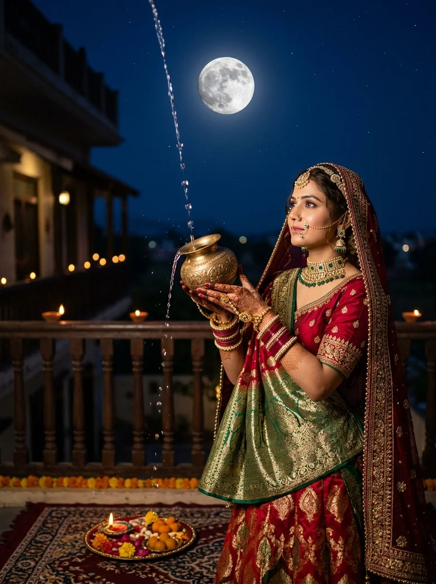 Karwa Chauth poses for single offering arghya water from brass lota to moon on rooftop terrace