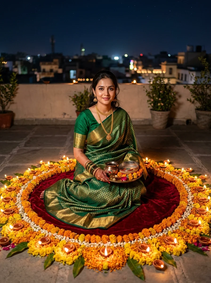 Karwa Chauth poses for single lady sitting elegantly on terrace floor surrounded by marigold rangoli and clay diyas