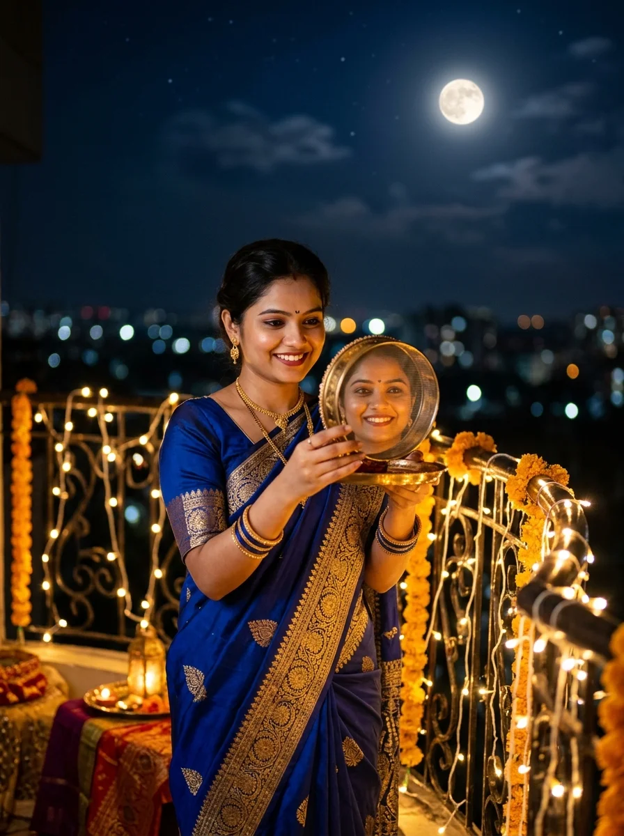 Karwa Chauth poses for single girl holding vintage brass mirror reflecting face and moon with fairy lights on balcony