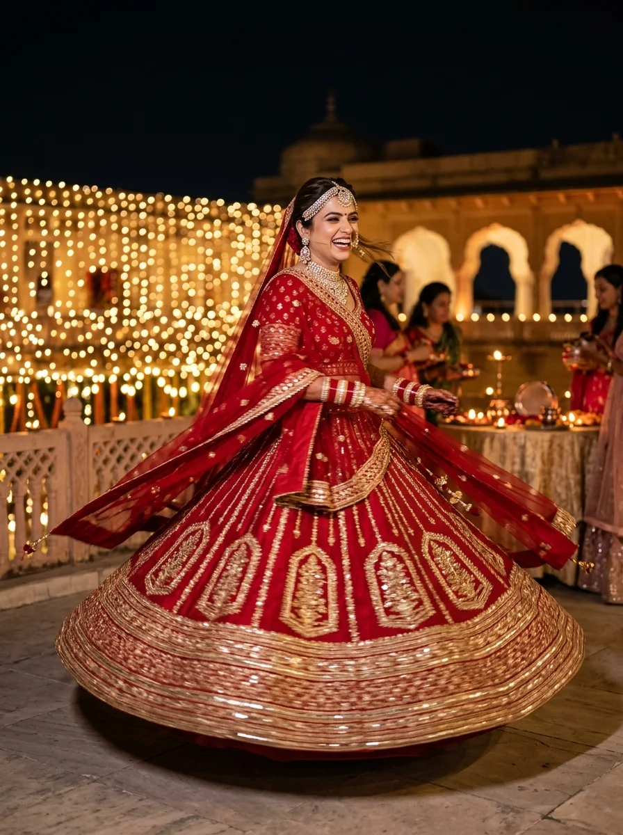 Karwa Chauth poses for single twirling in crimson red bridal lehenga with circular flare and gota patti borders
