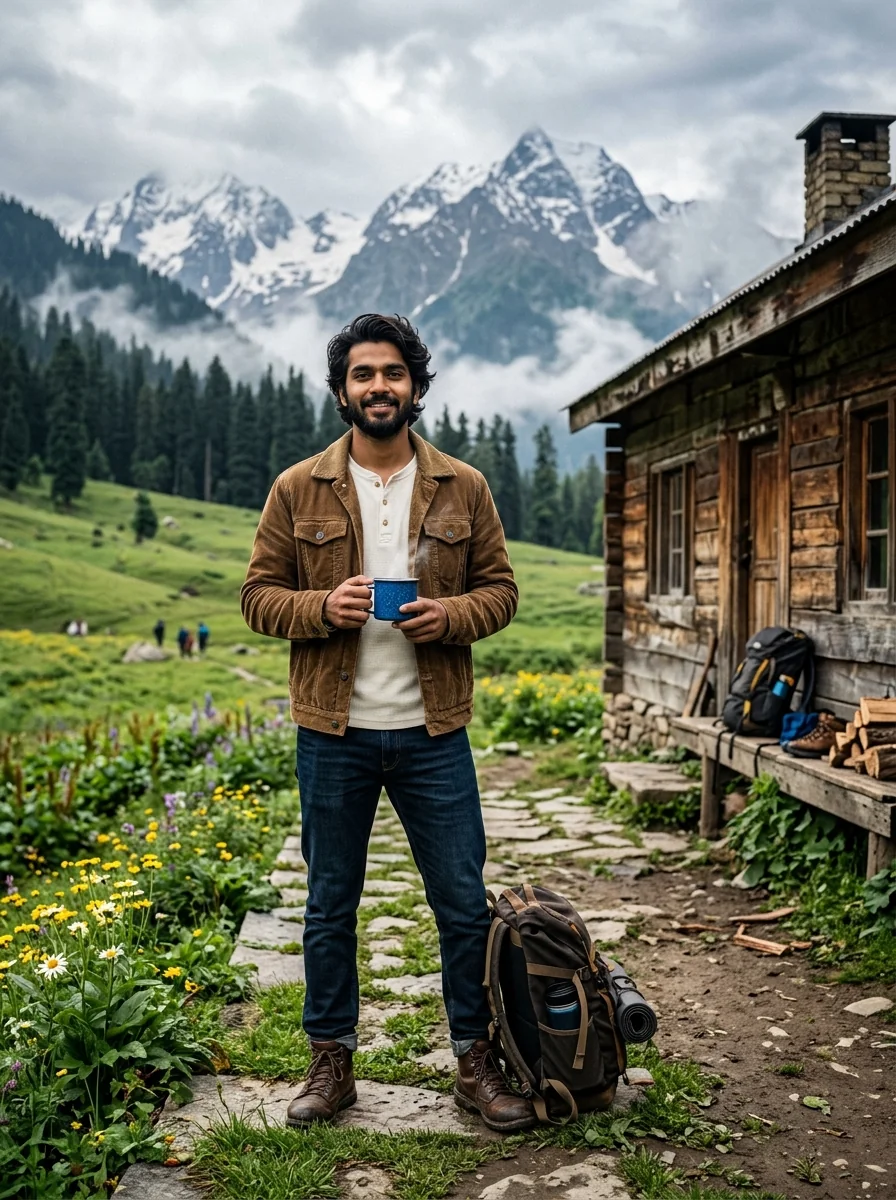 Aru Valley Pahalgam wooden log cabin mountain prompt for Gemini AI