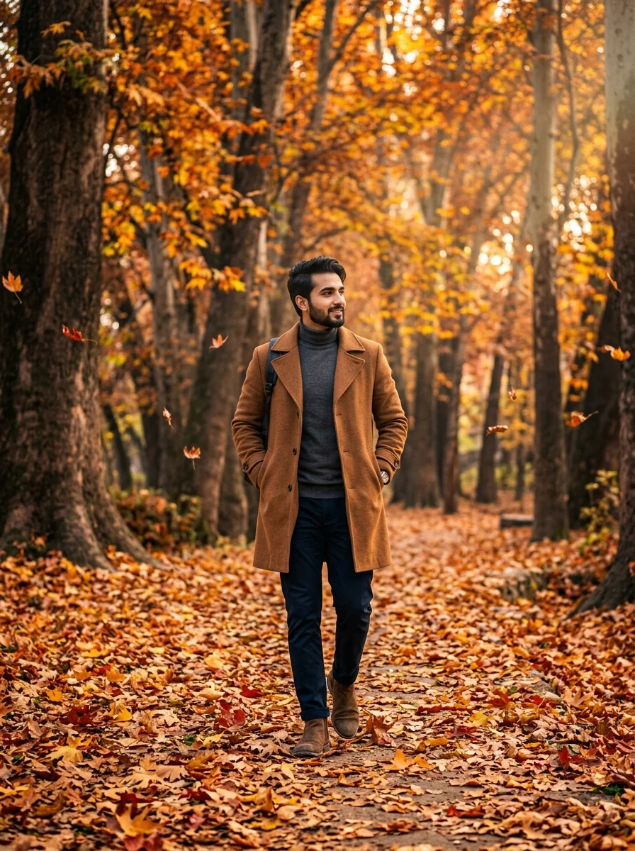 Kashmir autumn Chinar leaves Naseem Bagh trench coat prompt for Gemini AI
