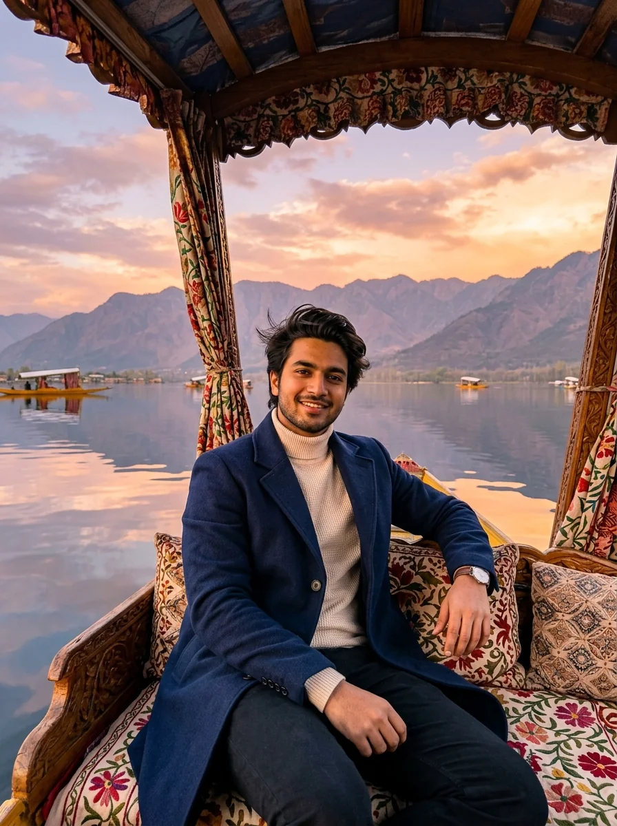 Dal Lake Srinagar Shikara boat sunset portrait prompt for Gemini AI