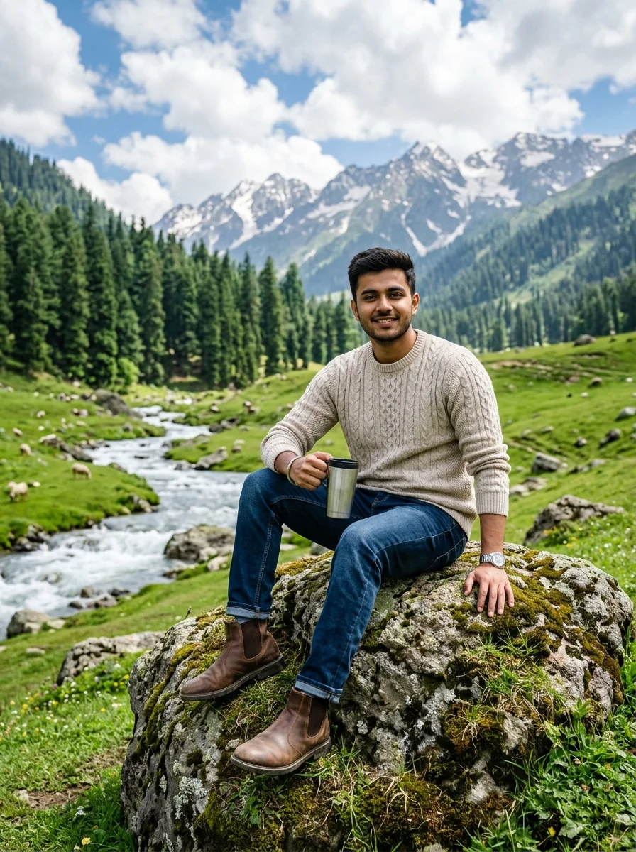 Doodhpathri emerald green meadow stream prompt for Gemini AI