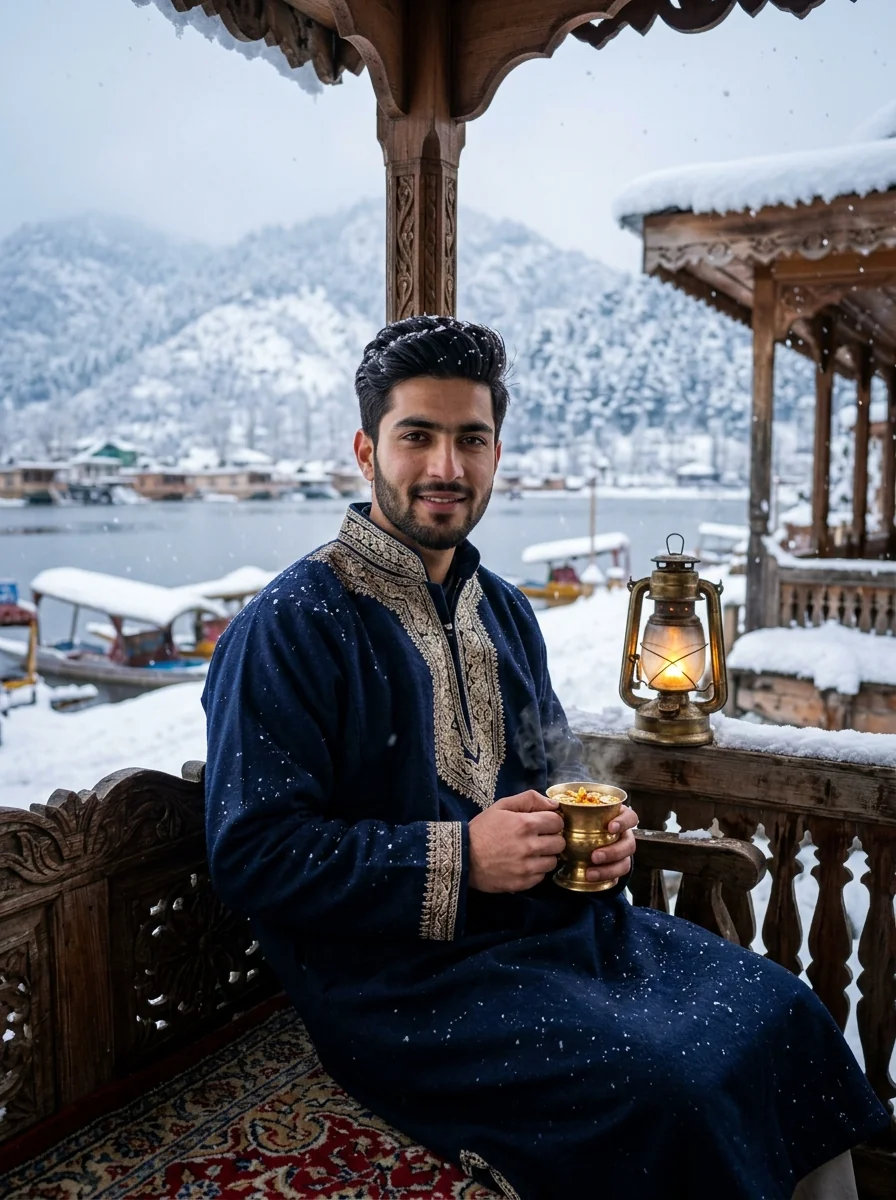 Traditional Kashmiri winter pheran and kehwa tea prompt for Gemini AI