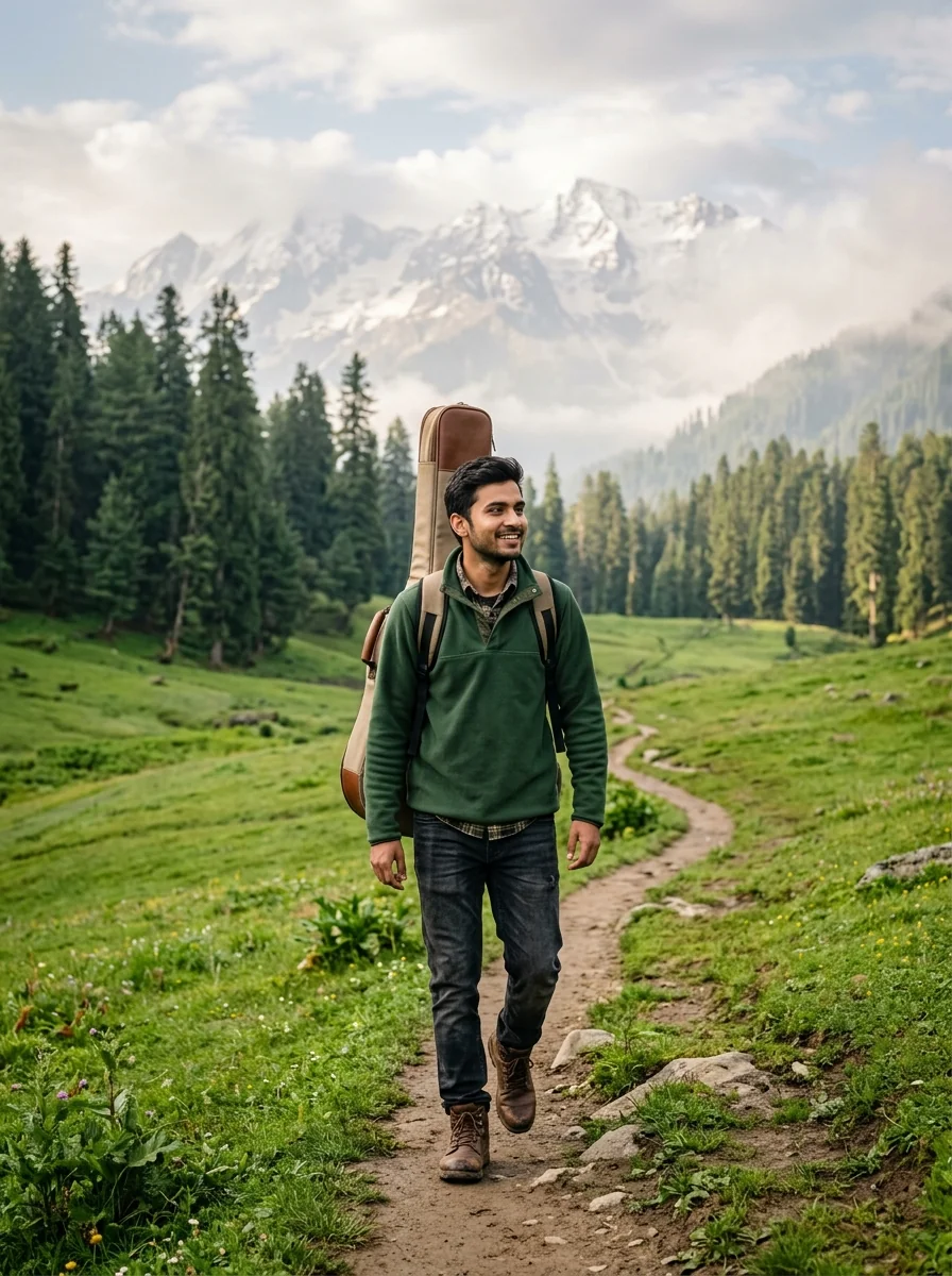 Yusmarg pine trails meadow travel wanderer prompt for Gemini AI
