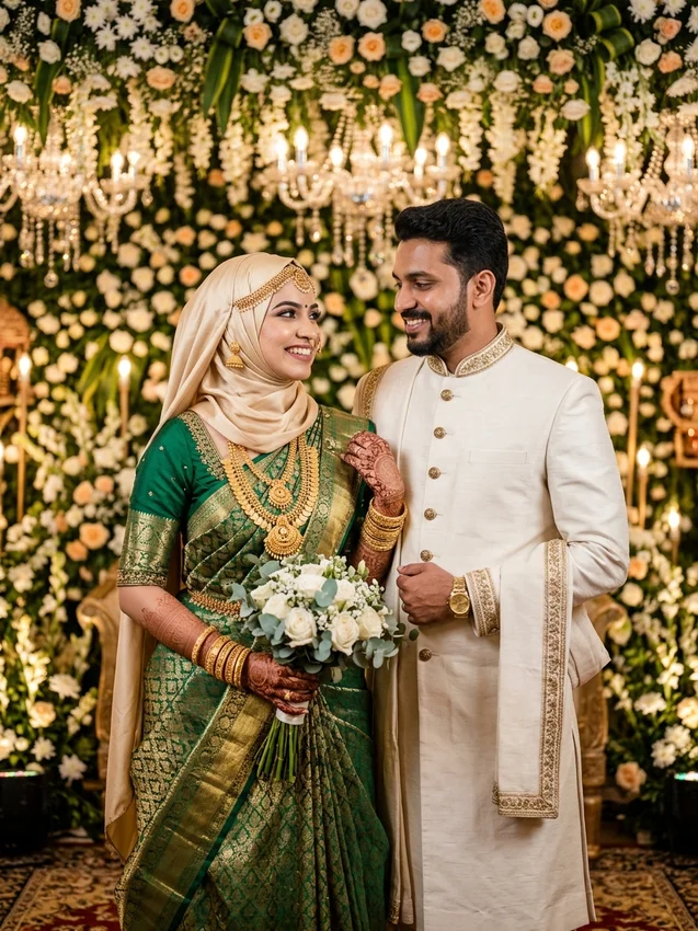 Kerala muslim wedding prompt for gemini - sacred mappila kalyanam nikah floral stage