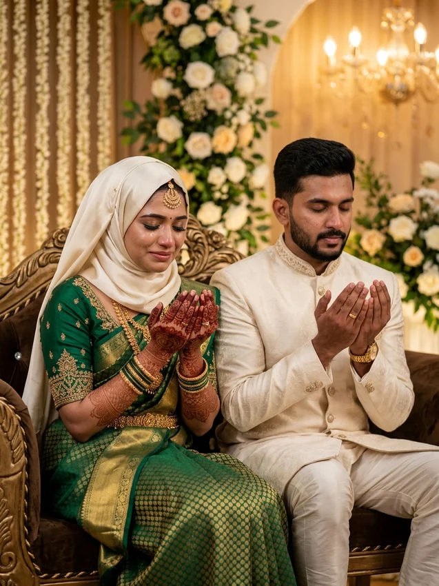 Kerala muslim wedding photo prompt - heartfelt silent dua prayer after nikah cupped hands