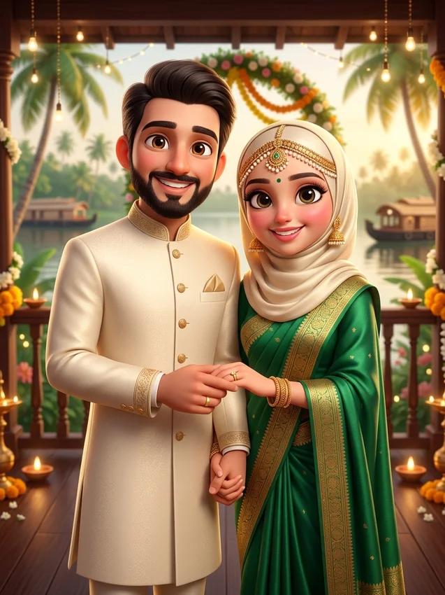 Kerala muslim couple photo prompt - cute 3d pixar animated kerala muslim wedding couple