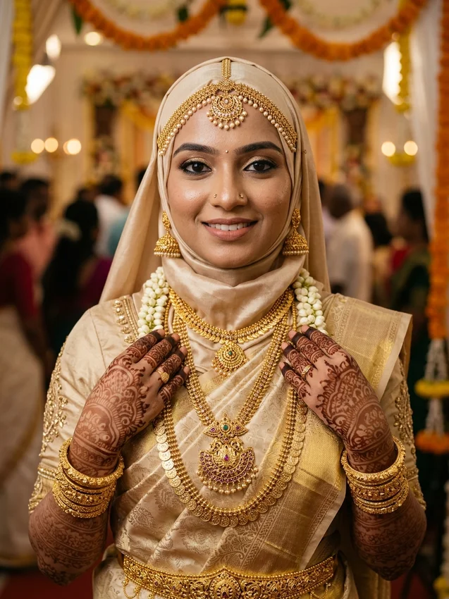 Kerala muslim wedding photo prompt - bride heavy temple gold jewellery and bridal hijab