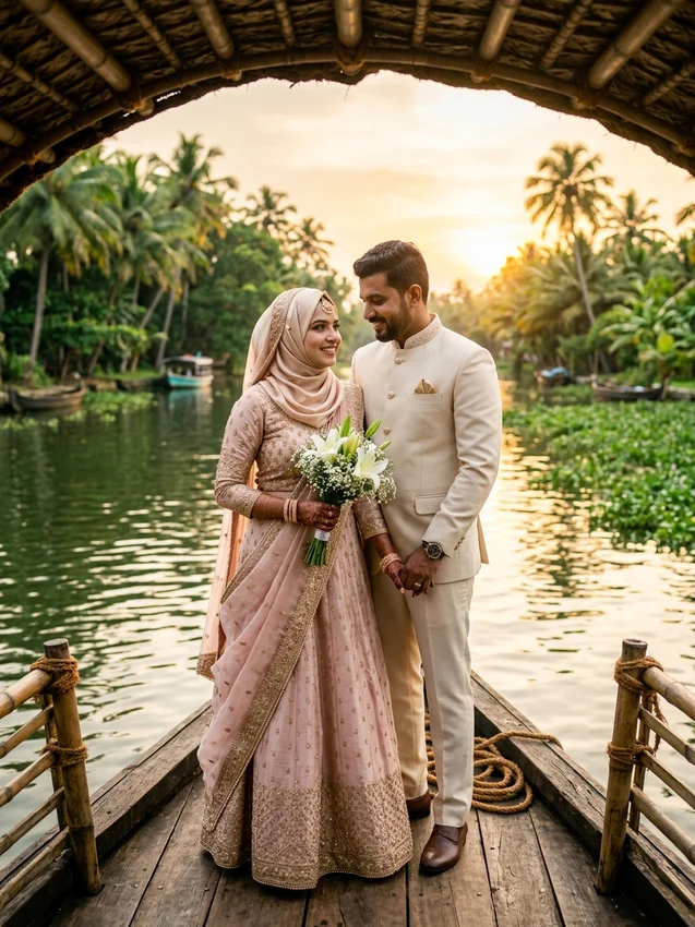 Kerala muslim couple photo prompt - alleppey backwaters kettuvallam houseboat sunset