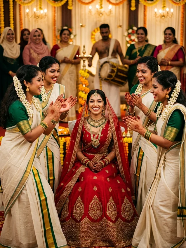 Kerala muslim wedding prompt for gemini - mappila oppana dance singing cousins kasavu sarees