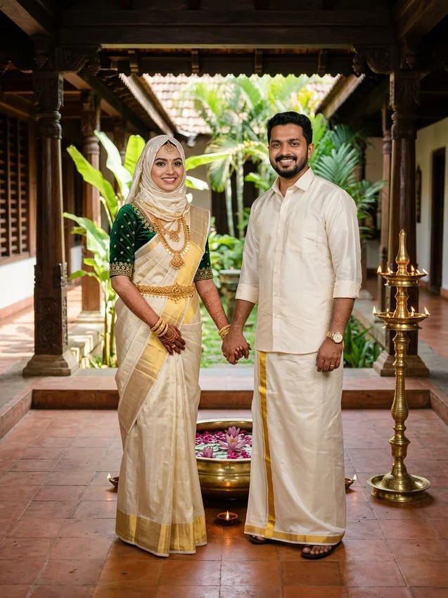 Kerala muslim wedding photo prompt - traditional nalukettu tharavadu courtyard nilavilakku