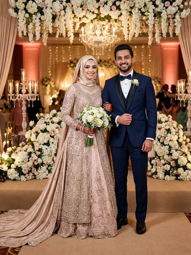 Kerala muslim wedding prompt - grand malabar walima reception champagne gown navy tuxedo