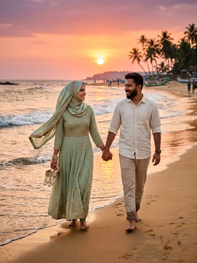 Kerala muslim couple photo prompt - calicut beach sunset walk swaying coconut palms