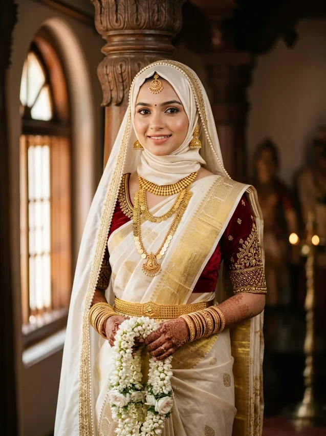 Kerala muslim bride prompt for gemini - kasavu gold tissue saree modest bridal hijab