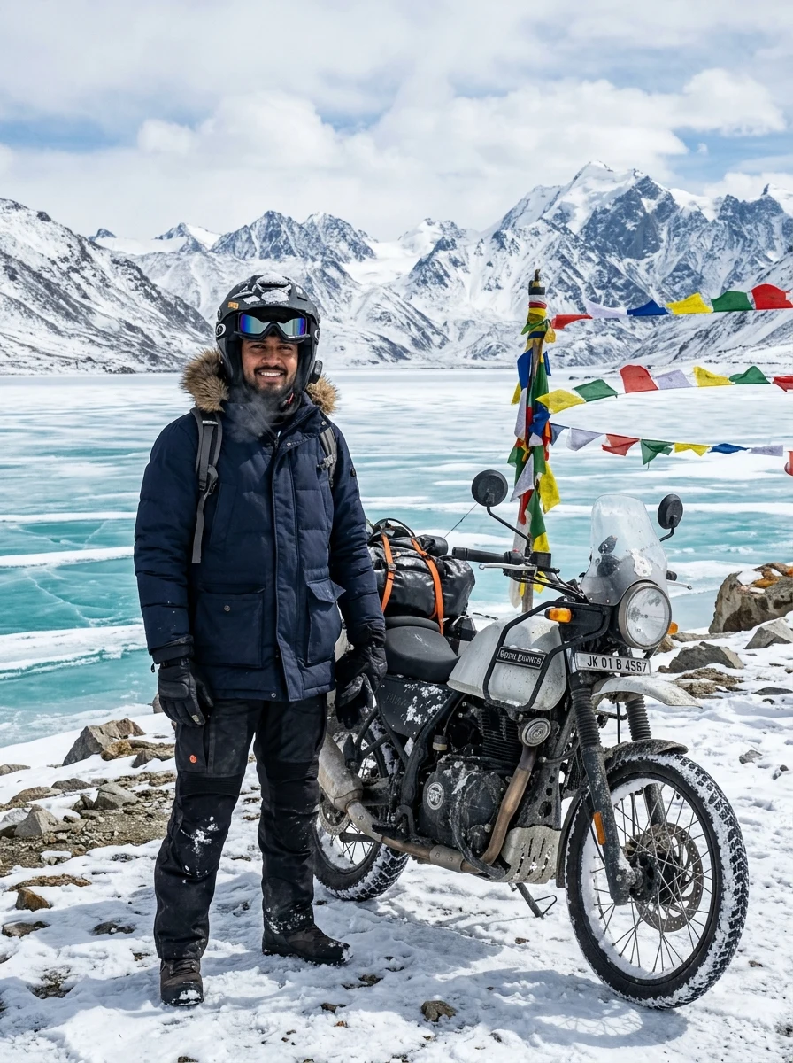 Chang La Pass frozen alpine lake motorcycle prompt for Gemini AI