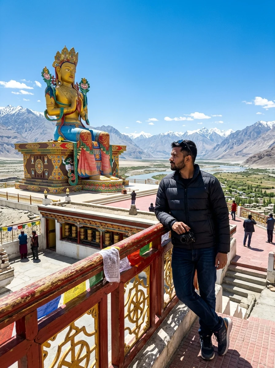 Diskit Monastery Maitreya Buddha statue biker prompt for Gemini AI