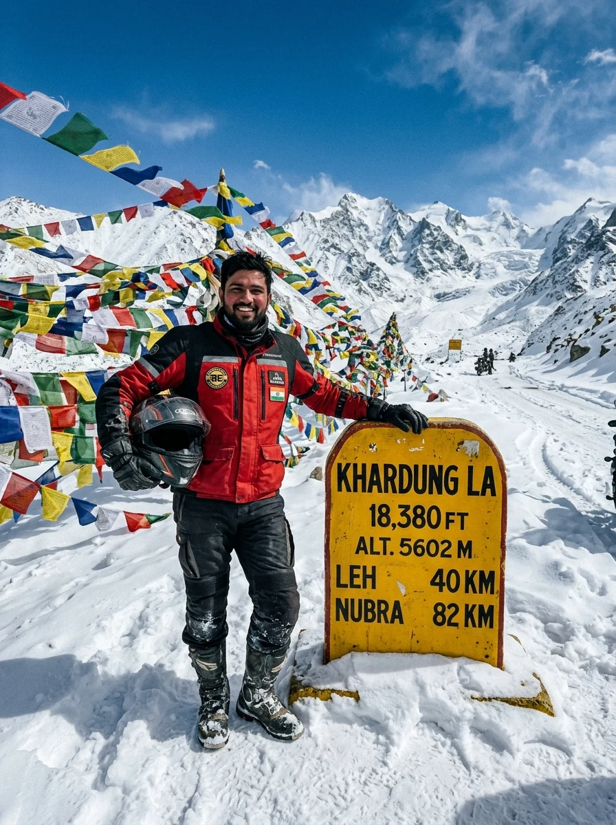 Khardung La Pass summit milestone snow biker prompt for Google Gemini and ChatGPT