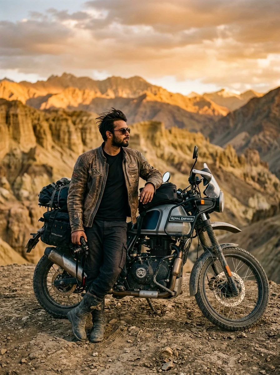 Lamayuru Moonland sunset biker prompt for Gemini AI