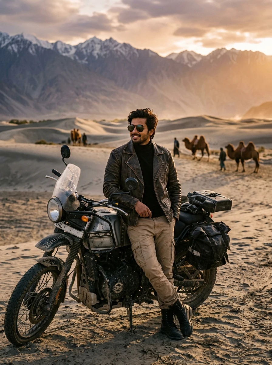 Nubra Valley Hunder cold desert dunes sunset biker prompt for Gemini AI