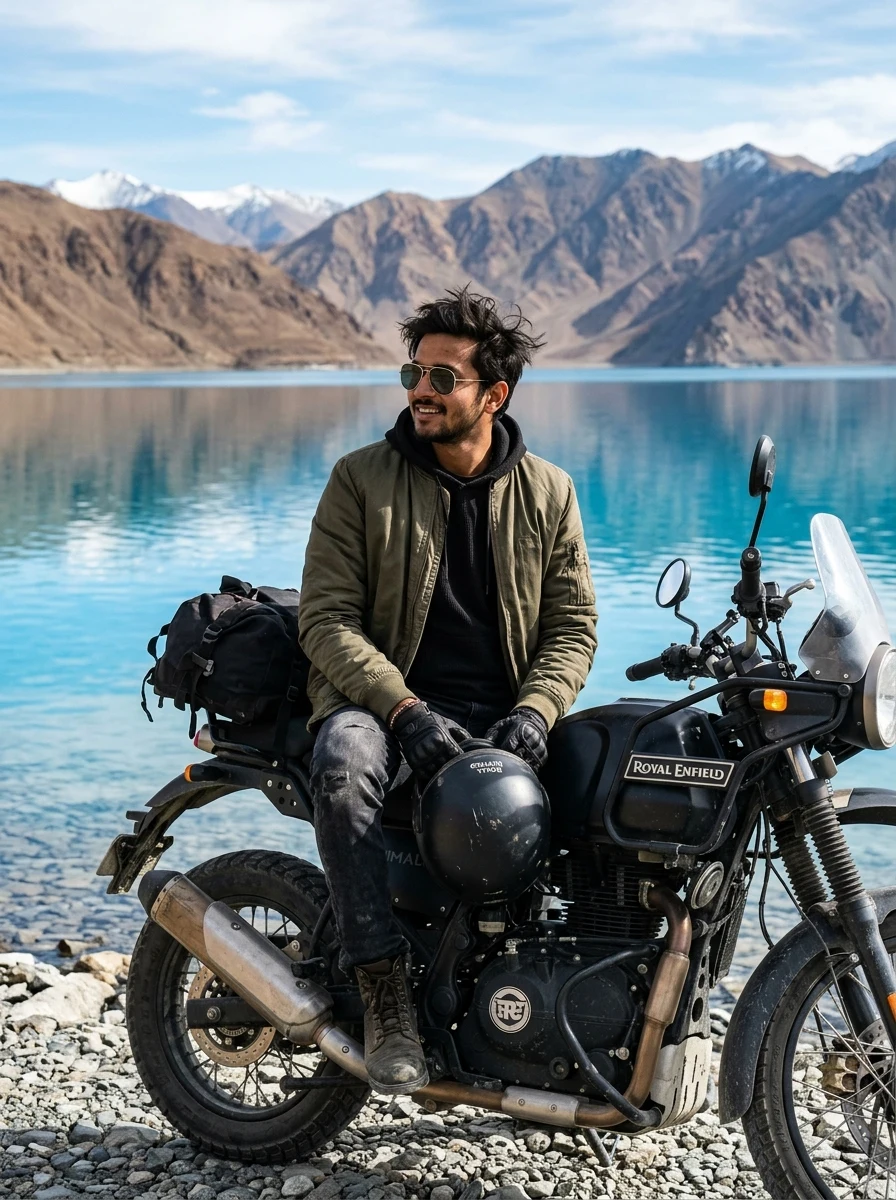 Pangong Tso crystal blue shoreline solo biker Royal Enfield Himalayan prompt for Gemini AI
