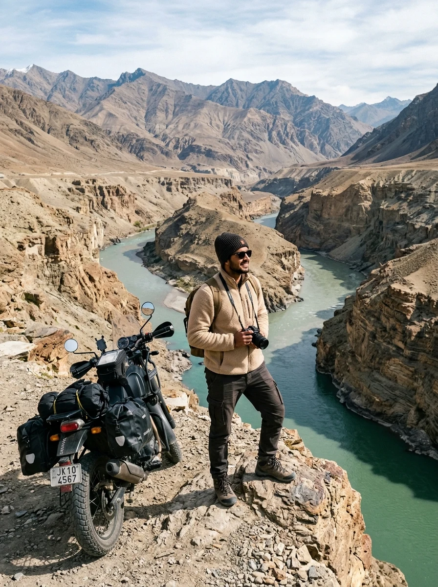 Sangam viewpoint Indus and Zanskar rivers confluence biker prompt for Gemini