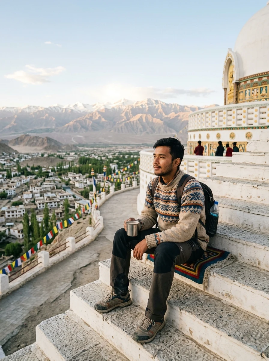 Shanti Stupa sunrise morning terrace biker prompt for Gemini AI