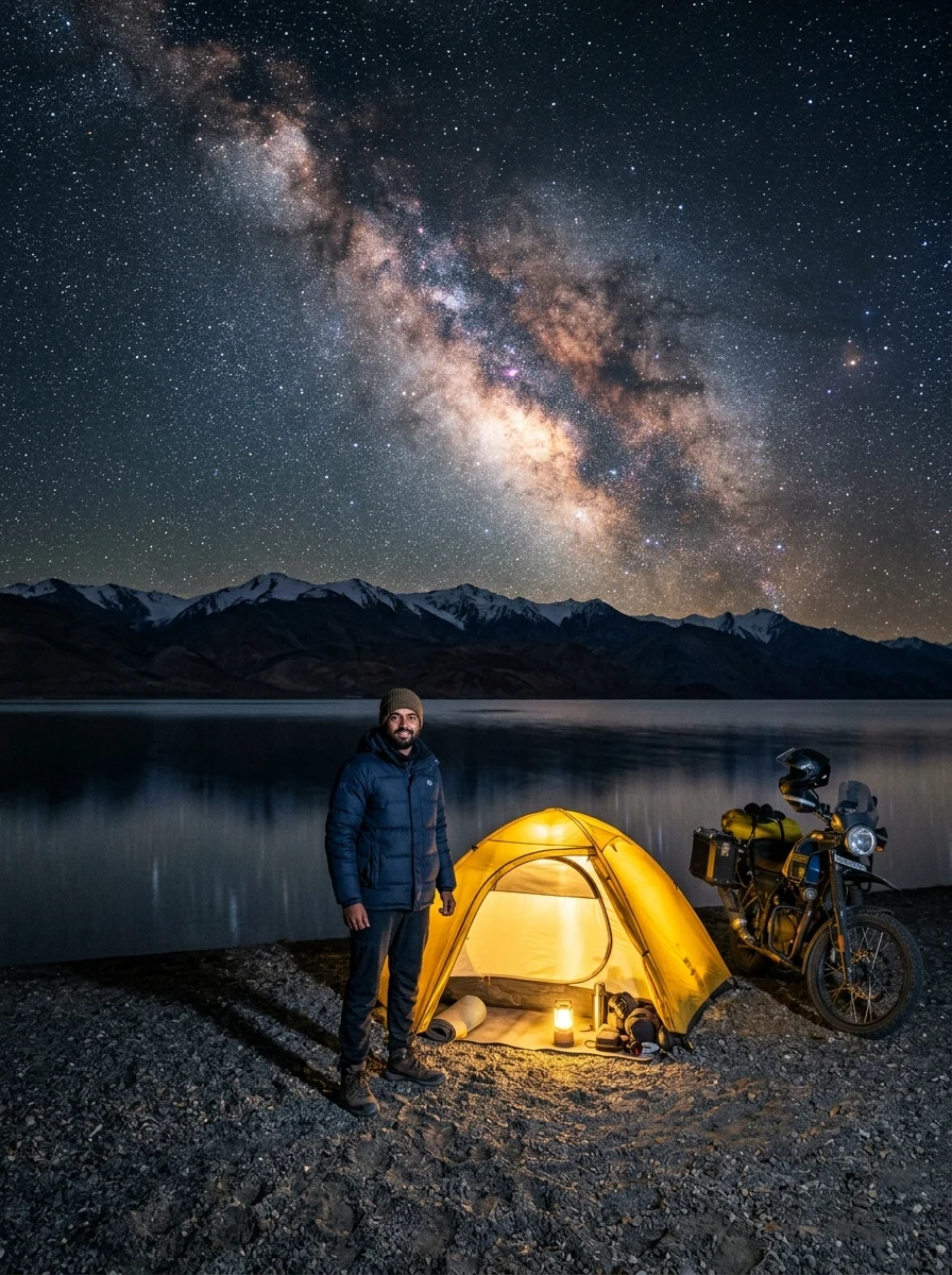 Tso Moriri lake night sky Milky Way camping biker prompt for Gemini AI