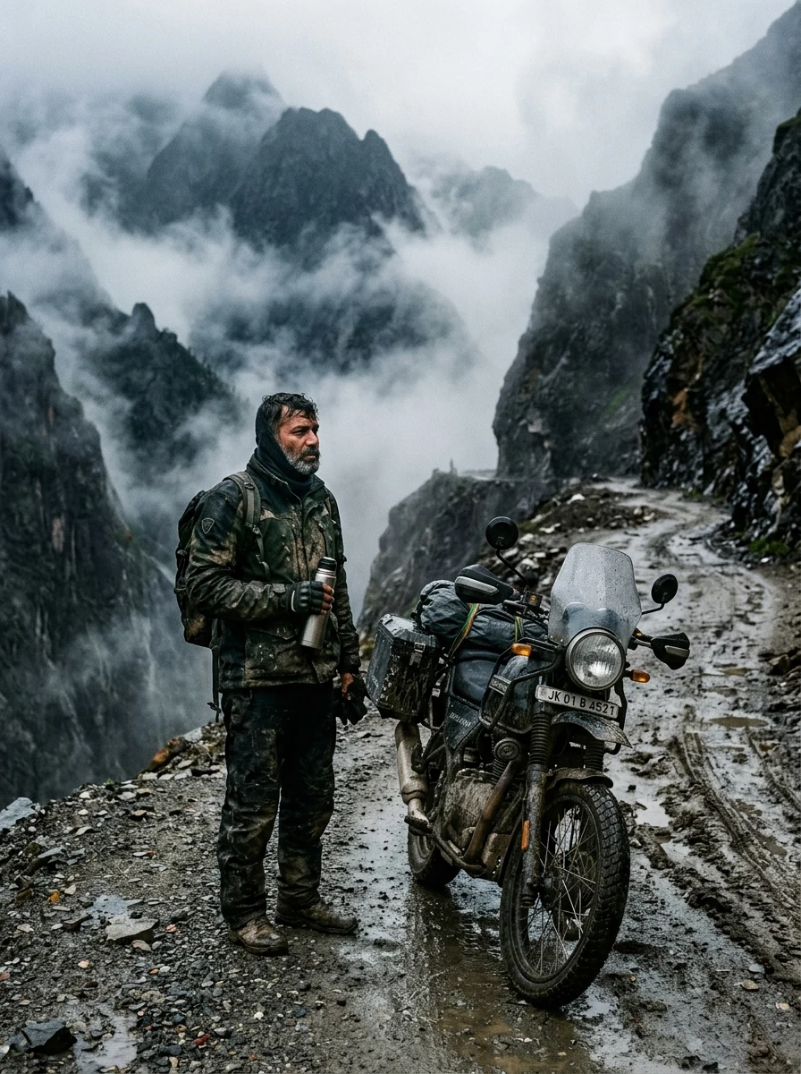 Zoji La Pass mountain cliff mist biker prompt for Gemini AI