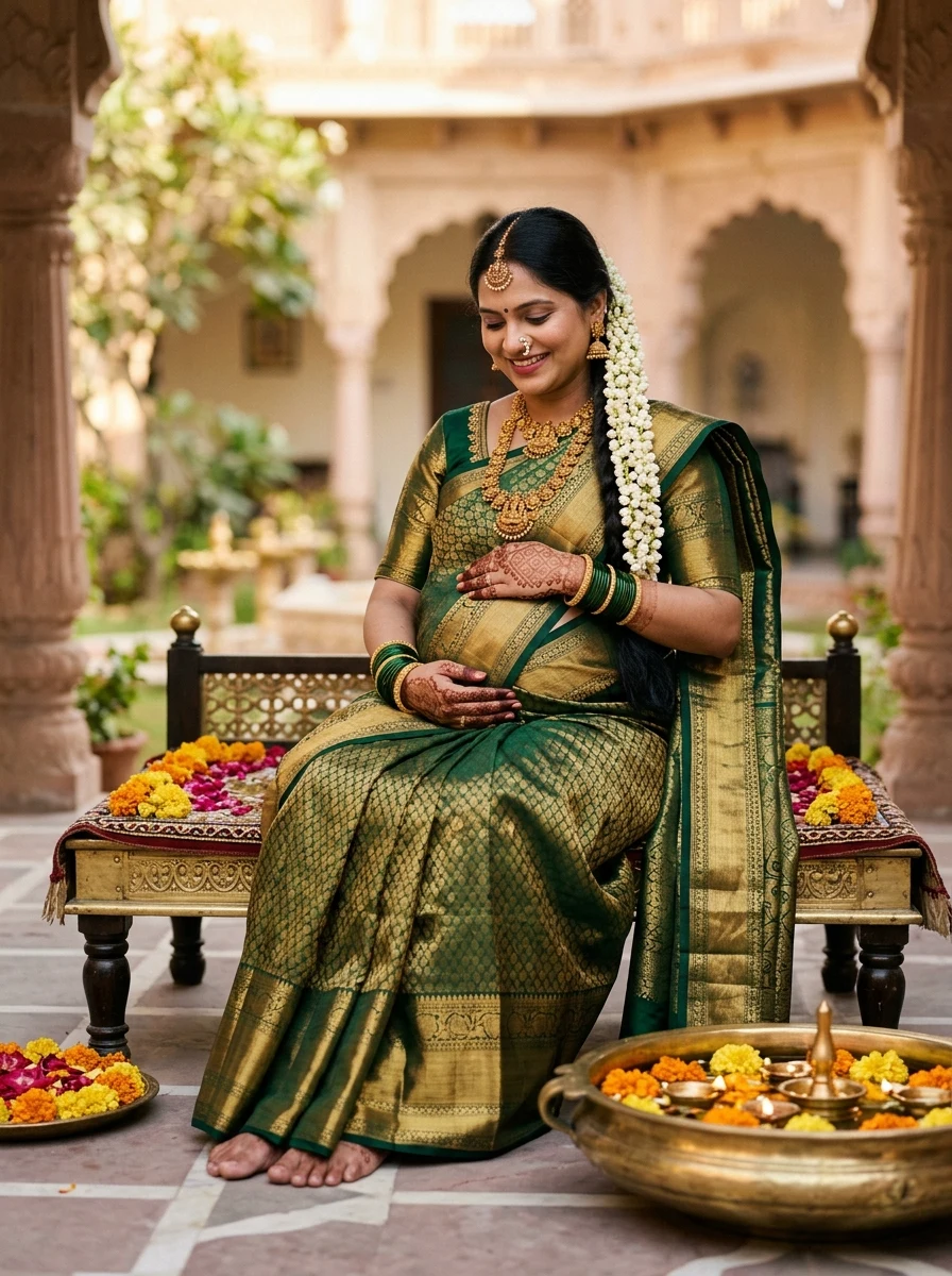 Solo mother in bottle green and gold Kanjivaram silk saree maternity photoshoot prompt