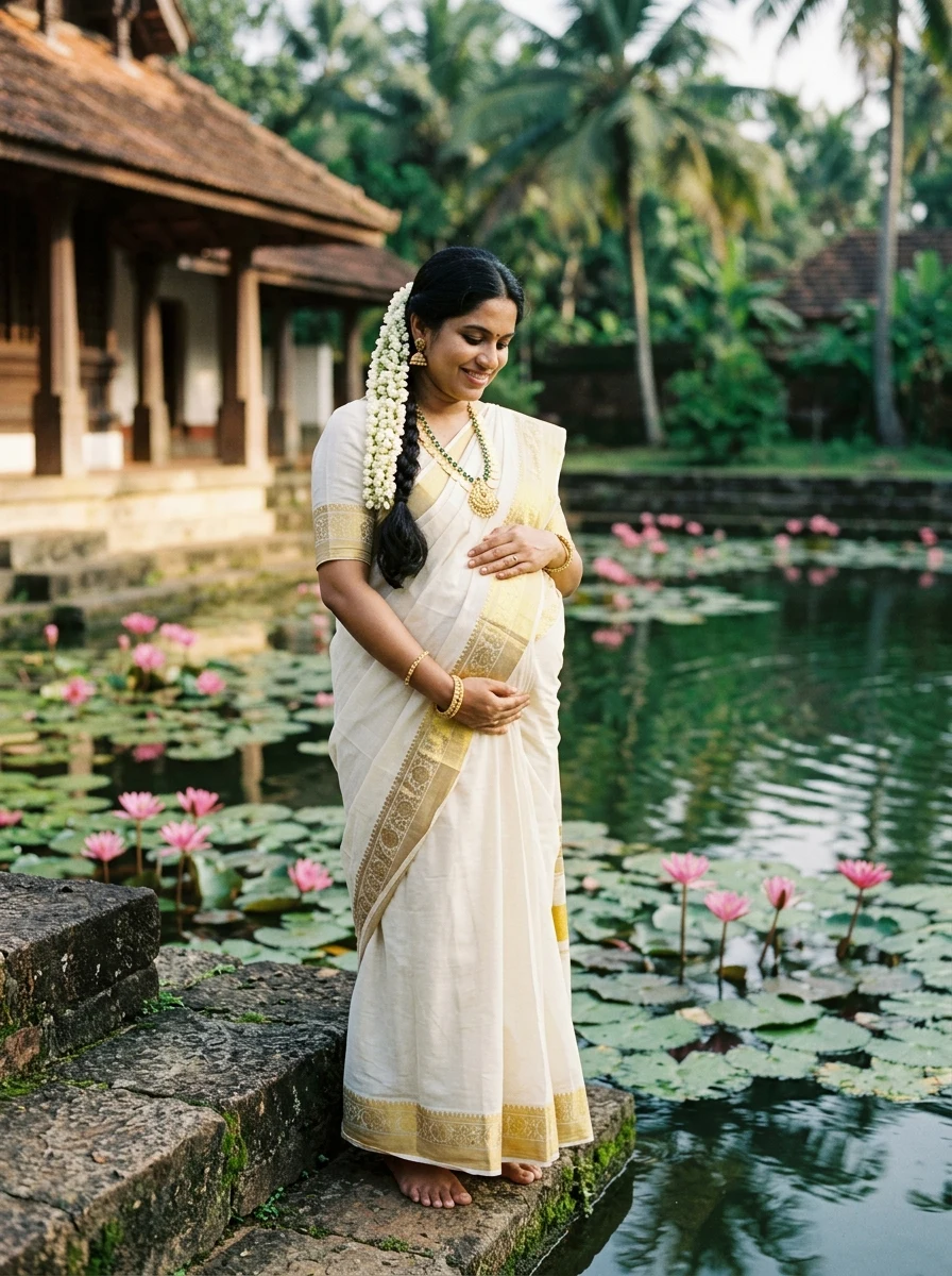 Solo mother in Kerala Kasavu saree by lotus pond maternity photoshoot ideas