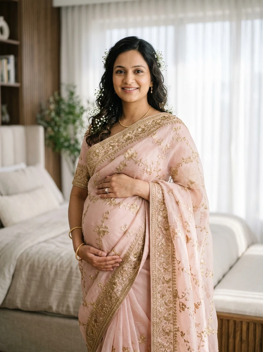 Solo pregnant mother cradling bump in pastel blush pink organza saree maternity photoshoot