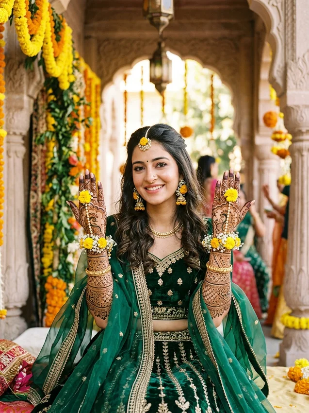 Mehndi Prompt for Gemini Girl Royal Bottle-Green Velvet Bridal Choli with Intricate Peacock Henna