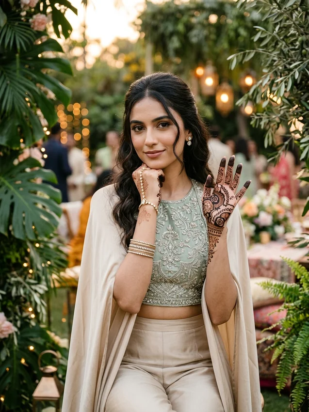 Mehndi Prompt for Gemini Girl Contemporary Sage Green Indo Western Cape Set with Henna