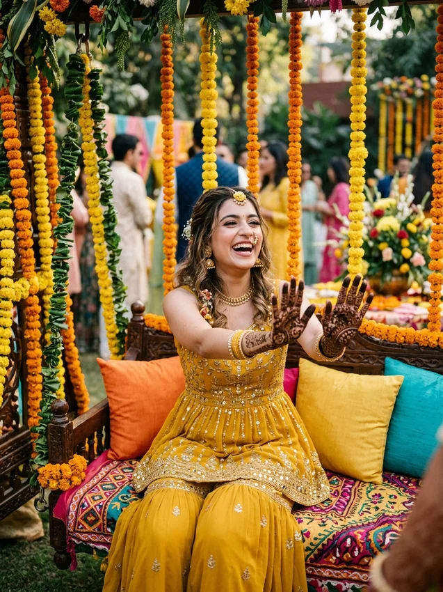 Mehndi Prompt for Gemini Girl Mustard Yellow Peplum Sharara on Marigold Jhula Swing